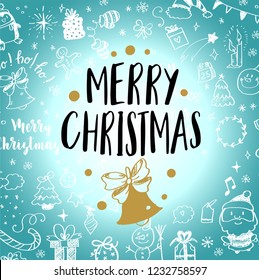 Christmas post card with doodles. Big set of Christmas design element in doodle style
