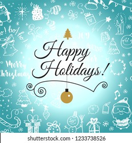 Christmas post card with doodles. Big set of Christmas design element in doodle style