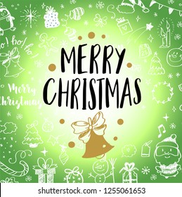 Christmas post card with doodles. Big set of Christmas design element in doodle style