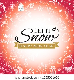 Christmas post card with doodles. Big set of Christmas design element in doodle style