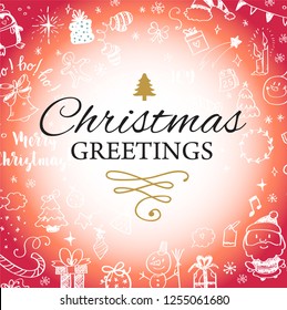 Christmas post card with doodles. Big set of Christmas design element in doodle style