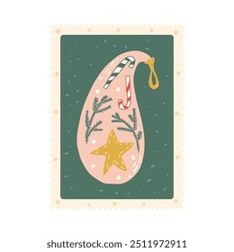 Cartão postal de Natal. Feliz Ano Novo ornamentos à prova de estilhaços com estrela, cana de doces e pinheiro galhos retro design. Ilustração plana desenhada à mão do vetor isolada no fundo branco.