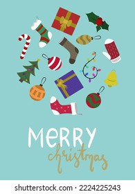 Christmas post card with holiday elements. Vector illustration for cards, posters, flyers.
