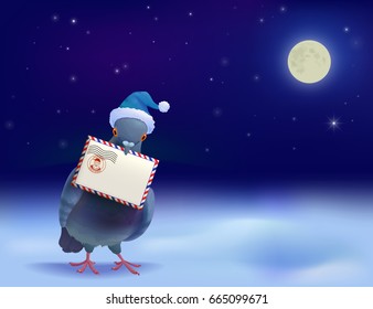 Christmas post pigeon in blue hat standing on cloud and holding mail envelope on night sky background  vector illustration