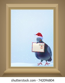 Christmas post pigeon in red hat holding mail envelope and knocking on window on winter background vector illustration