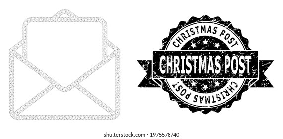 Christmas Post scratched stamp and vector open letter mesh model. Black stamp seal has Christmas Post text inside ribbon and rosette. Abstract flat mesh open letter, built from flat mesh.