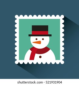 christmas post stamp with decorative snowman icon over background. colorful design. vector illustration