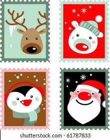 Christmas post stamps with Santa, reindeer, polar bear and penguin