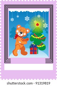 Christmas postage stamp with bear toy