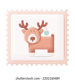 Christmas Postage Stamp with Christmas Deer 3D Icon Vector Illustration on White Background