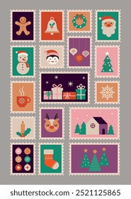 Christmas postage stamp. Christmas elements in minimalist style. Vector illustration.