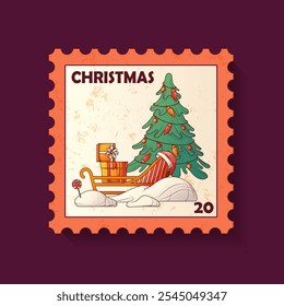 Christmas postage stamp with illustration of christmas tree, sled with presents in the snow. Vector illustration for design of envelope decoration. Merry Christmas, cozy winter, New Year concept.