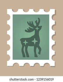 Christmas postage stamp with reindeer - cartoon style