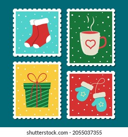 Christmas postage stamp set. Vector cartoon illustration in postmark template. Winter theme collection. Christmas socks, mittens, gift box, hot cocoa.