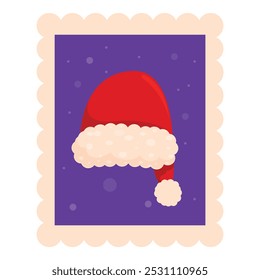 Christmas postage stamp showing santa claus hat on purple background with snow falling, perfect for holiday projects