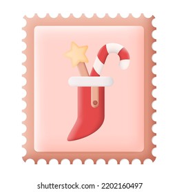 Christmas Postage Stamp with Christmas Sock 3D Icon Vector Illustration on White Background