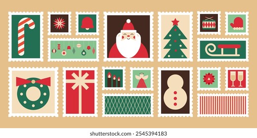 Weihnachten Briefmarke Aufkleber Set geometrischen Stil. Festliche Ikone Weihnachtsmann, Weihnachtsbaum, Geschenkbox, Kranz, Schneemann, Zuckerrohr und Feiertagsschmuck. Winterdekoration. Vektorgrafik