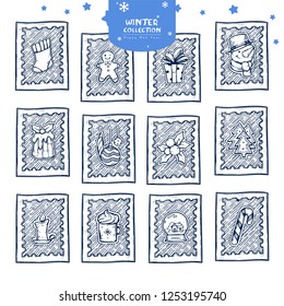 Christmas postage stamp stickers winter set of items. Vintage drawing elements for design poster, banner, postcard for merry christmas.
