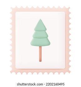 Christmas Postage Stamp with Christmas Tree 3D Icon Vector Illustration on White Background