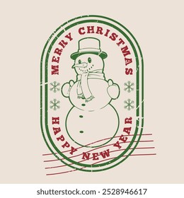 Carimbo de correio de Natal cartaz vintage colorido com boneco de neve com legenda de Ano Novo feliz para ilustração de vetor de design de envelopes e pacotes