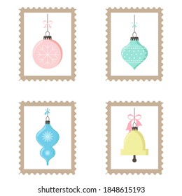 Christmas postage stamps for envelopes, letters and postcards. Set of Christmas stamps with Christmas tree toys. Happy New Year!