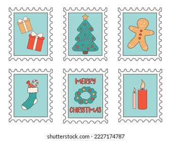 Christmas postage stamps with festive elements