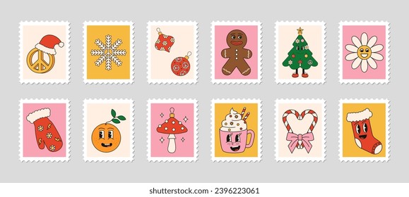 Christmas postage stamps in Groove hippie style. Merry Christmas and Happy New year trendy vintage retro cartoon characters. Vector illustration. 