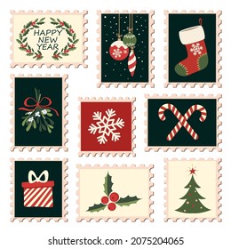 Christmas postage stamps on a white background. a letter to Santa Claus for Christmas