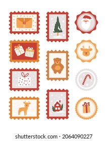 Christmas postage stamps with Santa Claus head, reindeer, bear cub, winter house, snow pine tree, gift boxes, candy, letter. Retro prints for envelopes, letters, decoration. Vector illustrations set