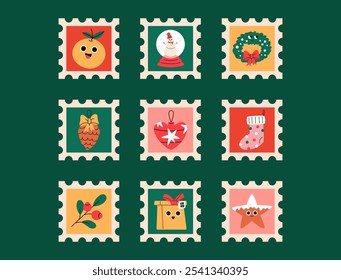 Christmas postage stamps set. Festive christmas characters and objects. Flat vector illustration.