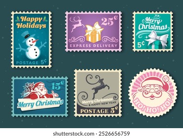 Conjunto de sellos postales de Navidades, Elementos de diseño de Vector retro con Santa Claus, regalo, reno, presente, muñeco de nieve. Tarjeta de felicitación del estilo de Antiguas, fondo. Agrupados, en capas.