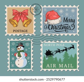 Christmas postage stamps set stickers colorful with bell and Santa Claus hat or snowman for air mail parcels vector illustration