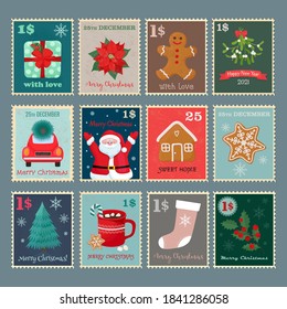 Christmas postage stamps set. Vector isolated illustration