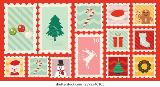 Christmas Postage Stamps Set Vector