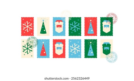 Christmas postage stamps: snowflake, christmas tree, Saint Nick