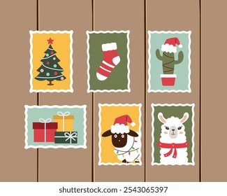 Christmas postage stamps. Vector set for holiday themed designs, festive cards and seasonal mail decorations