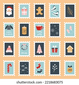 Christmas postage stamps with winter holiday symbols. Santa, gift boxes, gingerbread cookies, sweater, cocoa, skates, mittens, wreath etc. Vector isolated illustration in flat style. 