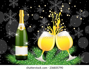 christmas postal with a bottle and glasses of champagne,  vector  illustration