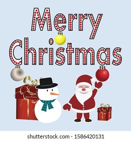 Christmas postal design with New Year elements for greeting or postal card, background with gift box, Santa Claus, snowman and balls. Winter decoration for New Year's greetings. Merry Christmas. A ban