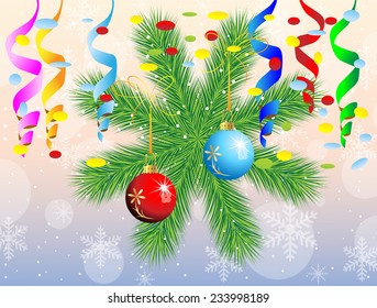 christmas postal with green branches and decorations,vector illustration