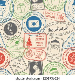 Christmas Postal Pattern. Santa Claus Postmark Cachet, Winter Holiday Postage Card Stamp And North Pole Mail Stamps Old Vintage Paper Mail Post Airmail Stamp Vector Background