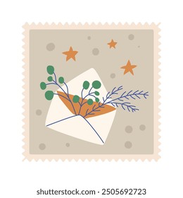 Christmas postal stamp with festive envelope isolated on white background. Vector hand drawn illustration