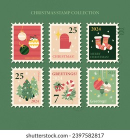 Christmas Postal Stamps Collection. Vector Illustration of Happy New Year! Winter Holidays. Seasonal Greetings.