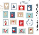 Christmas postal stamps set isolated on white.