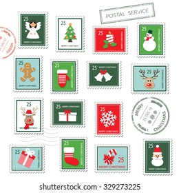 Christmas postal stamps set isolated on white.