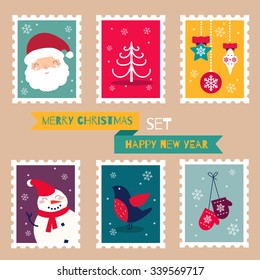 Christmas Postal Stamps Set. Vector Illustration