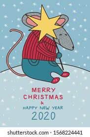 Christmas postcard 2020 with rat. New year 2020. Merry christmas. Rat in home. Vector illustration. Card, poster. Symbol 2020. 