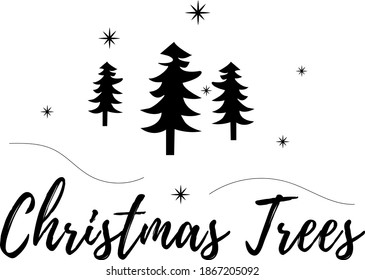Christmas postcard 2021, vector. Trees, black and white color, minimalism desigh