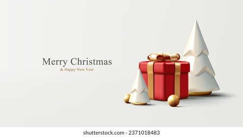 Christmas postcard with 3d illustration of Christmas tree and large red gift box and golden balls, 3d render minimalistic illustration, isolated