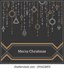 Christmas postcard, art deco linear style new year background, banner with decorative xmas balls. 